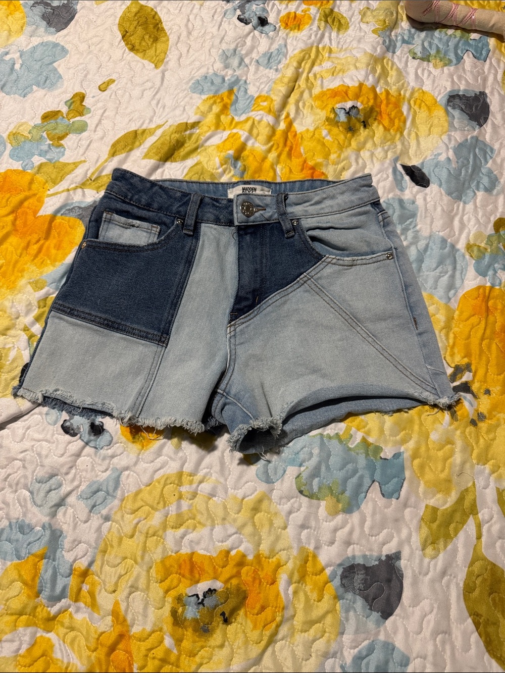 Patchwork Light & Dark Blue Denim Jean Shorts - Unbranded